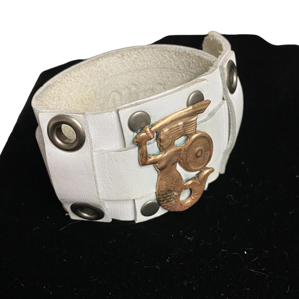 Syrenka Warrior Mermaid Brass & White Leather 2" Thick Cuff Bracelet Vintageware